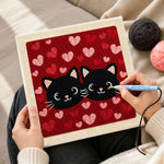 Creating handmade black cat couple surrounded by hearts punch needle artwork