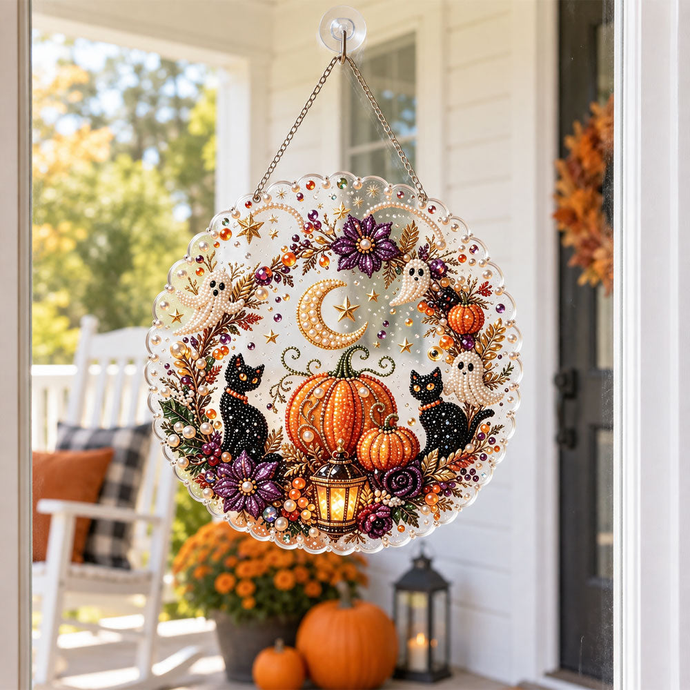 Finished black cat ghost pumpkin wreath pearl diamond painting artwork displayed as holiday home decor