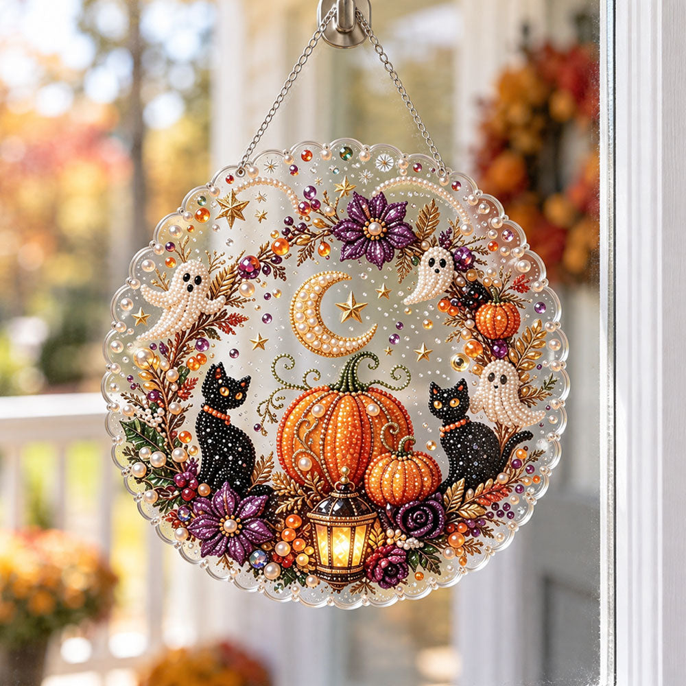 Black cat ghost pumpkin wreath pearl diamond painting kit for beginners