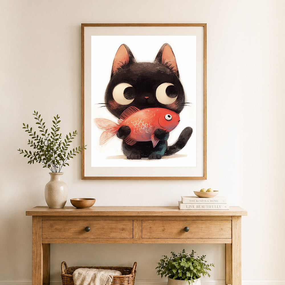 Finished black cat holding goldfish cross stitch artwork displayed as home decor