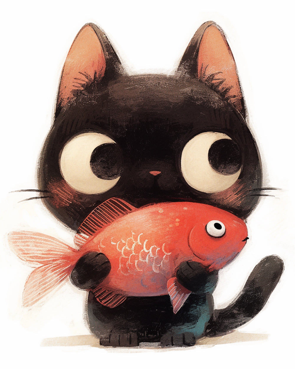 Black cat holding goldfish cross stitch kit for beginners