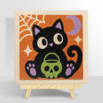 Black cat holding skull treat bucket punch needle kit for beginners