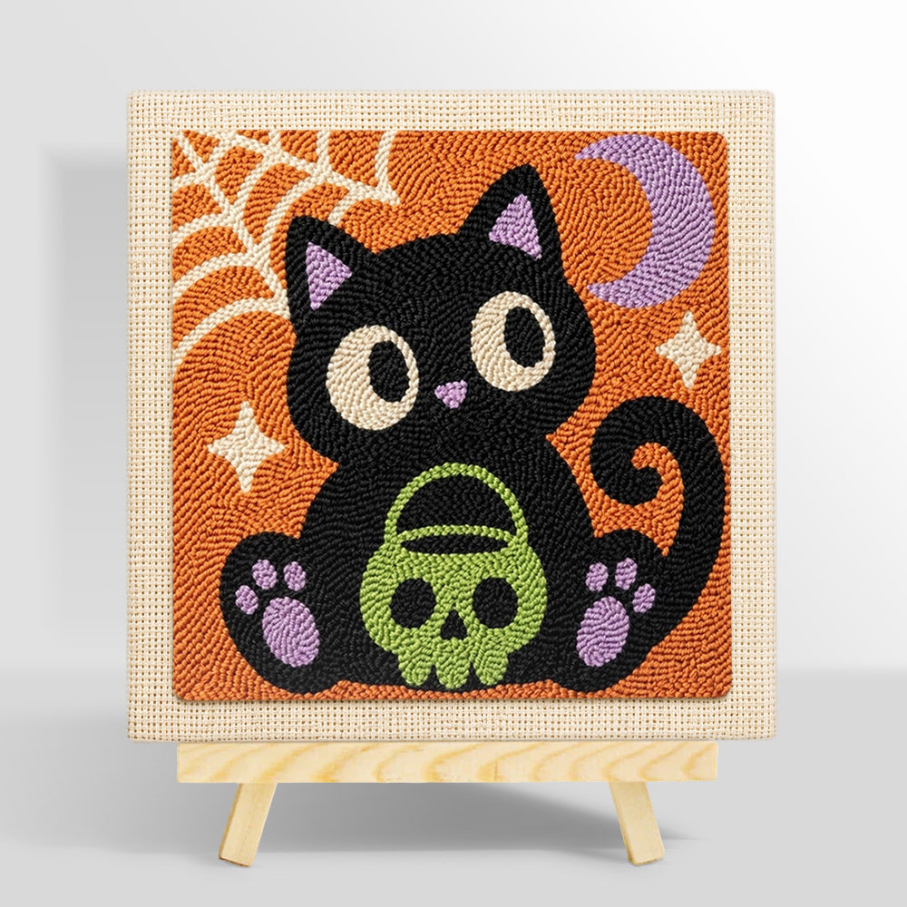 Black cat holding skull treat bucket punch needle kit for beginners