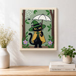 Finished black cat holding white umbrella artwork displayed on a wall