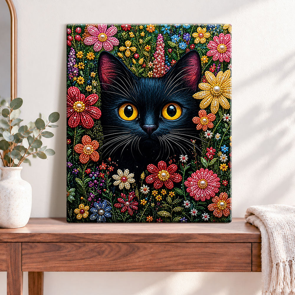 Finished black cat in colorful flowers pearl diamond painting artwork displayed as home decor
