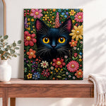 Finished black cat in colorful flowers pearl diamond painting artwork displayed as home decor