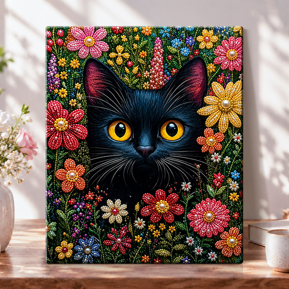 Black cat in colorful flowers pearl diamond painting kit for beginners