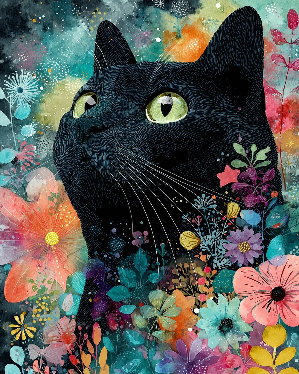 Black cat in floral bloom cross stitch kit for beginners