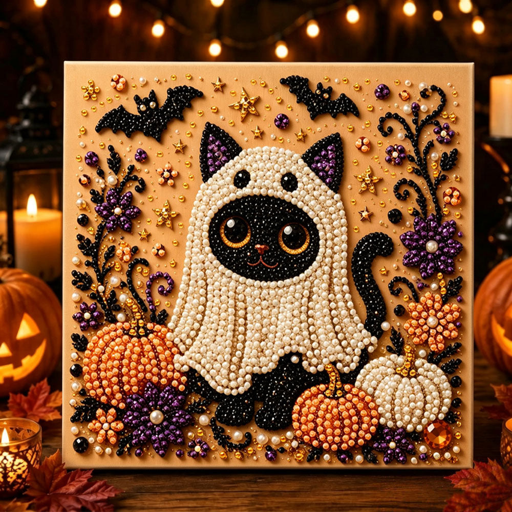Black cat in ghost costume pearl diamond painting kit for beginners