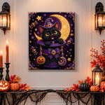 Finished black cat in magic hat pearl diamond painting artwork displayed as holiday home decor