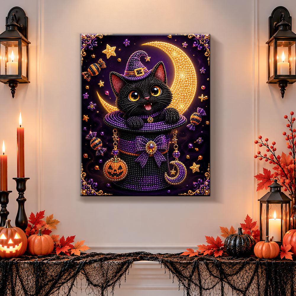 Finished black cat in magic hat pearl diamond painting artwork displayed as holiday home decor