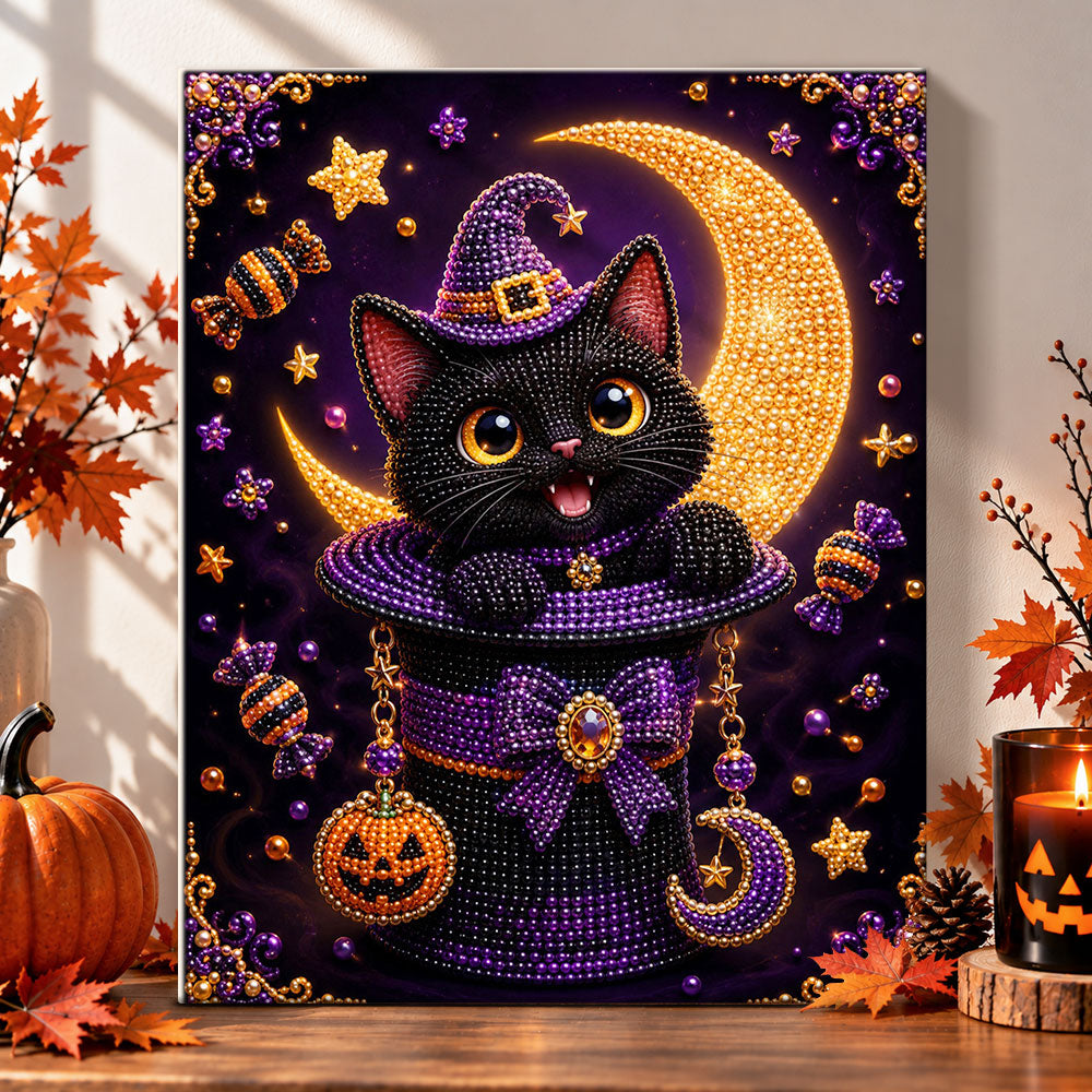Black cat in magic hat pearl diamond painting kit for beginners
