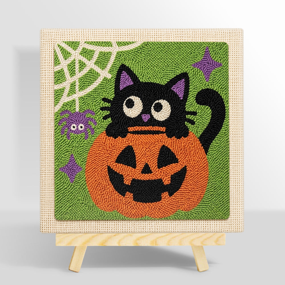 Black cat in pumpkin punch needle kit for beginners