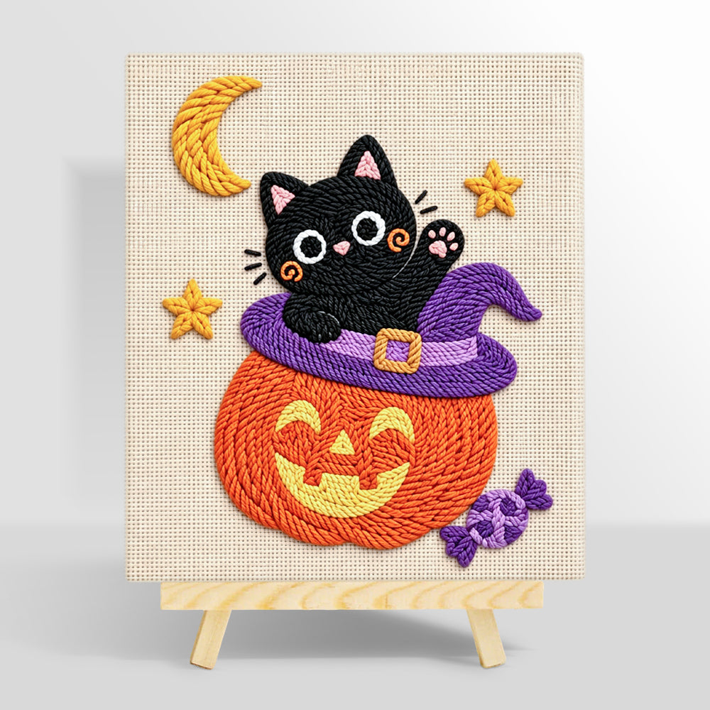 Black cat inside pumpkin hat punch needle kit for beginners