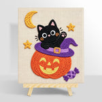 Black cat inside pumpkin hat punch needle kit for beginners
