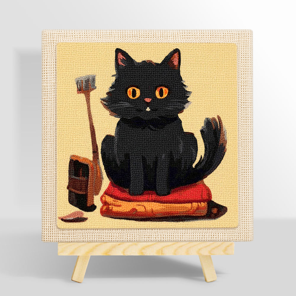 Black cat on blankets punch needle kit for beginners