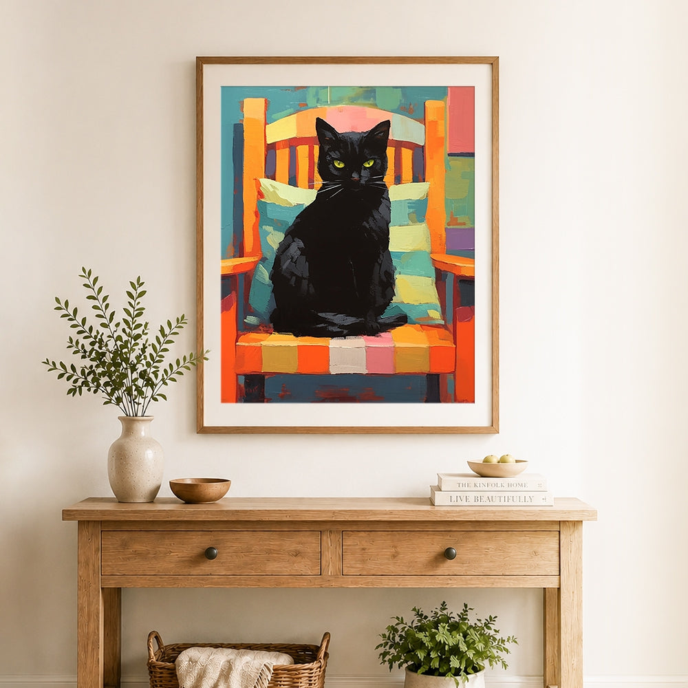 Finished black cat on colorful chair cross stitch artwork displayed as home decor