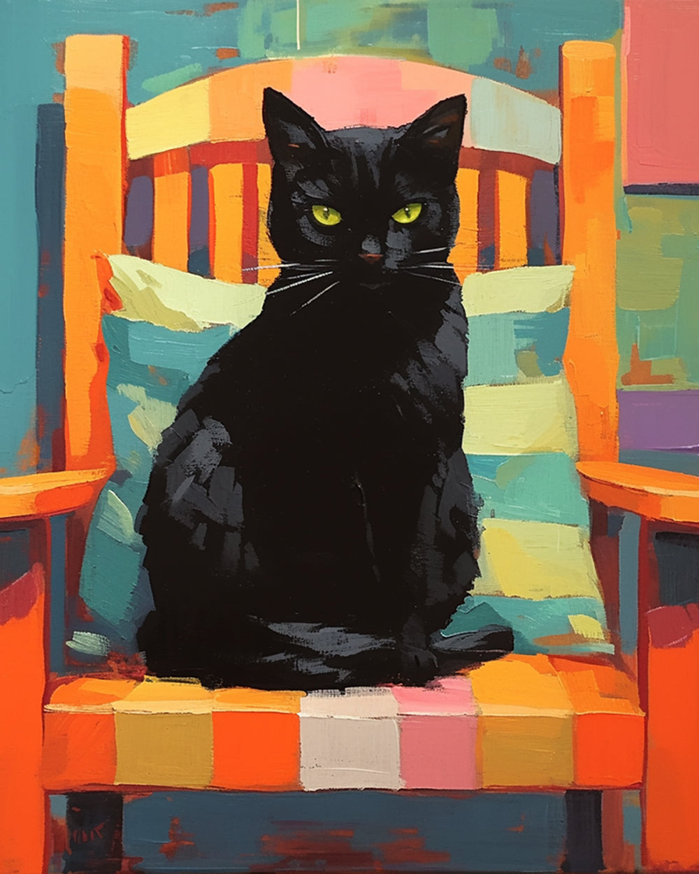 Black cat on colorful chair cross stitch kit for beginners