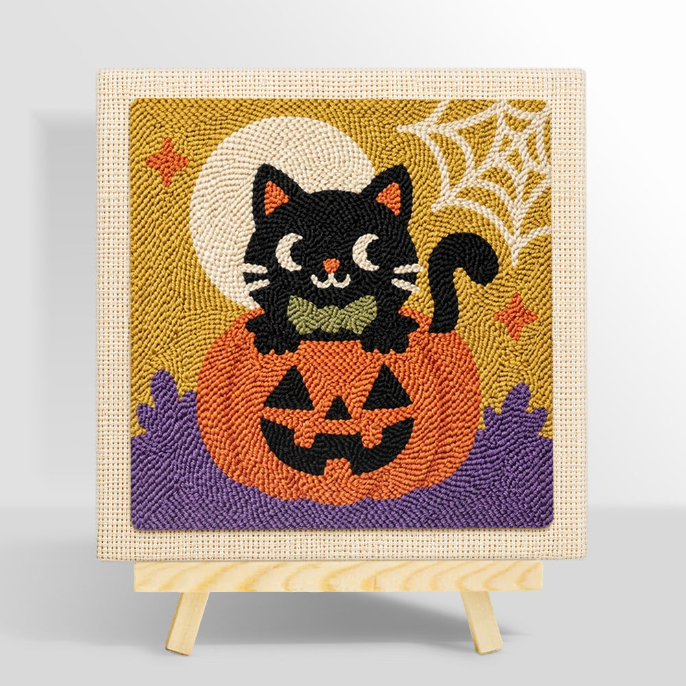 Black cat on pumpkin punch needle kit for beginners