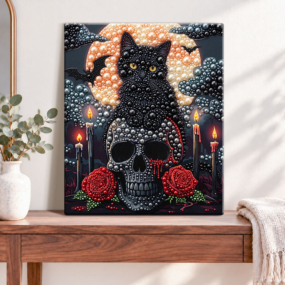 Finished black cat on skull with red roses pearl diamond painting artwork displayed as home decor