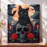 Black cat on skull with red roses pearl diamond painting kit for beginners