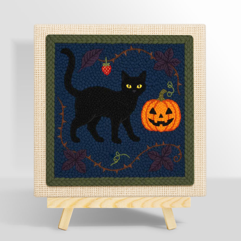 Black cat pumpkin art punch needle kit for beginners
