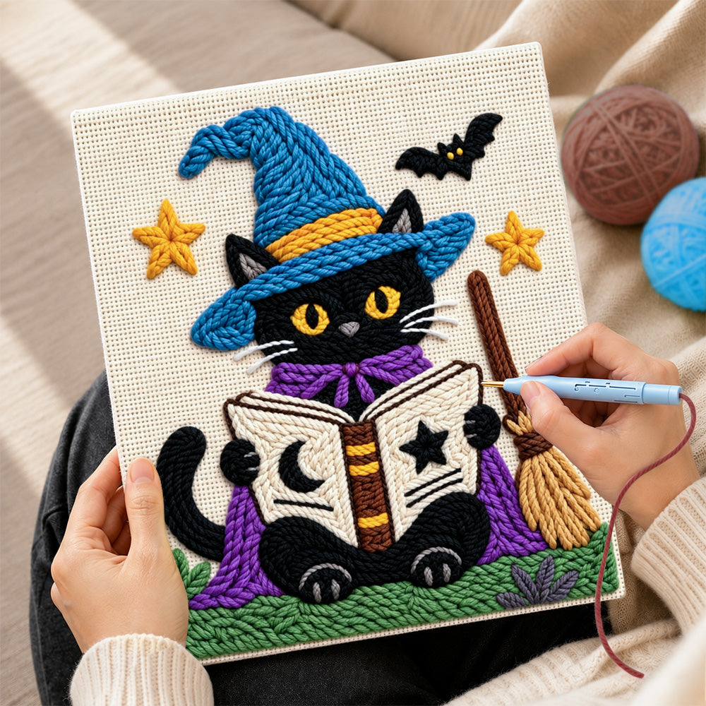 Creating handmade black cat reading magic book punch needle artwork