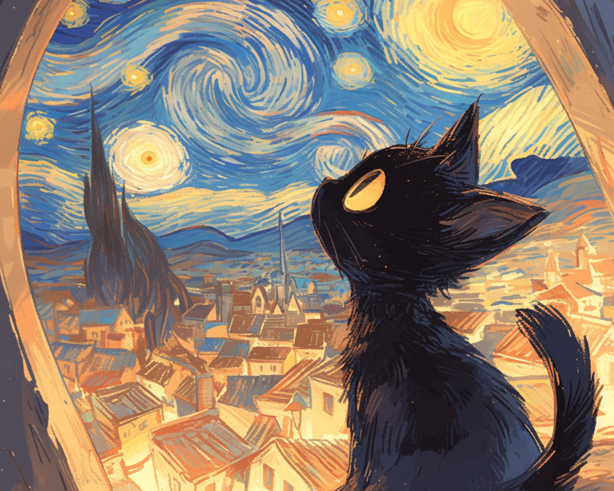 Black cat silhouette looking at starry night cross stitch kit for beginners