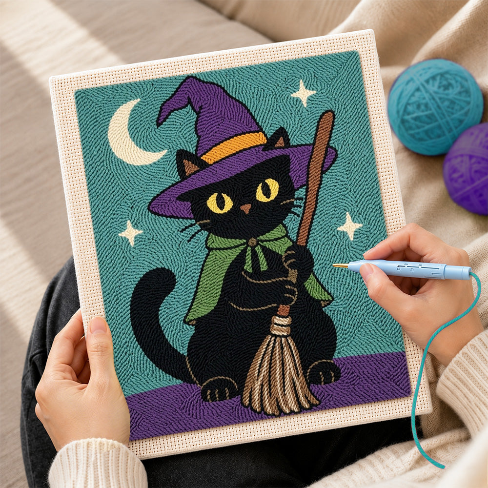 Creating handmade black cat with broom punch needle artwork