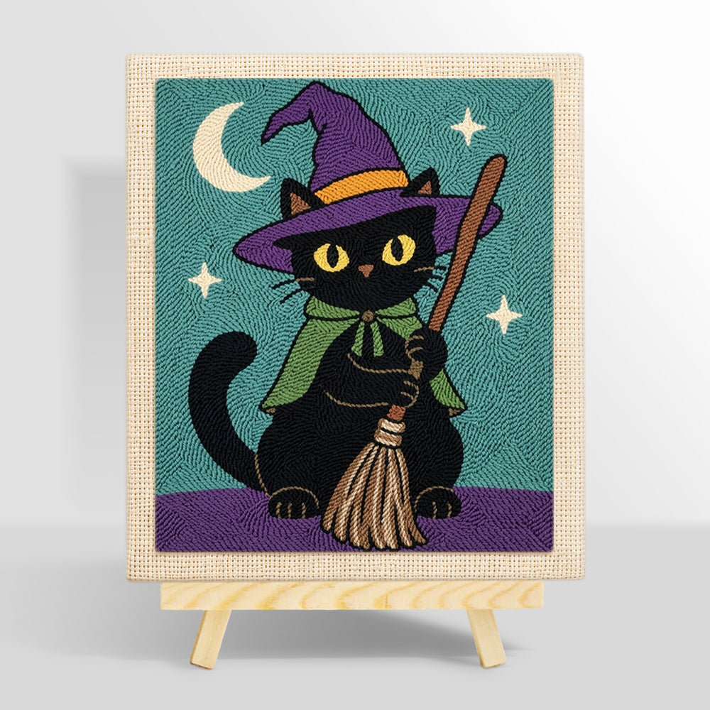 Black cat with broom punch needle kit for beginners