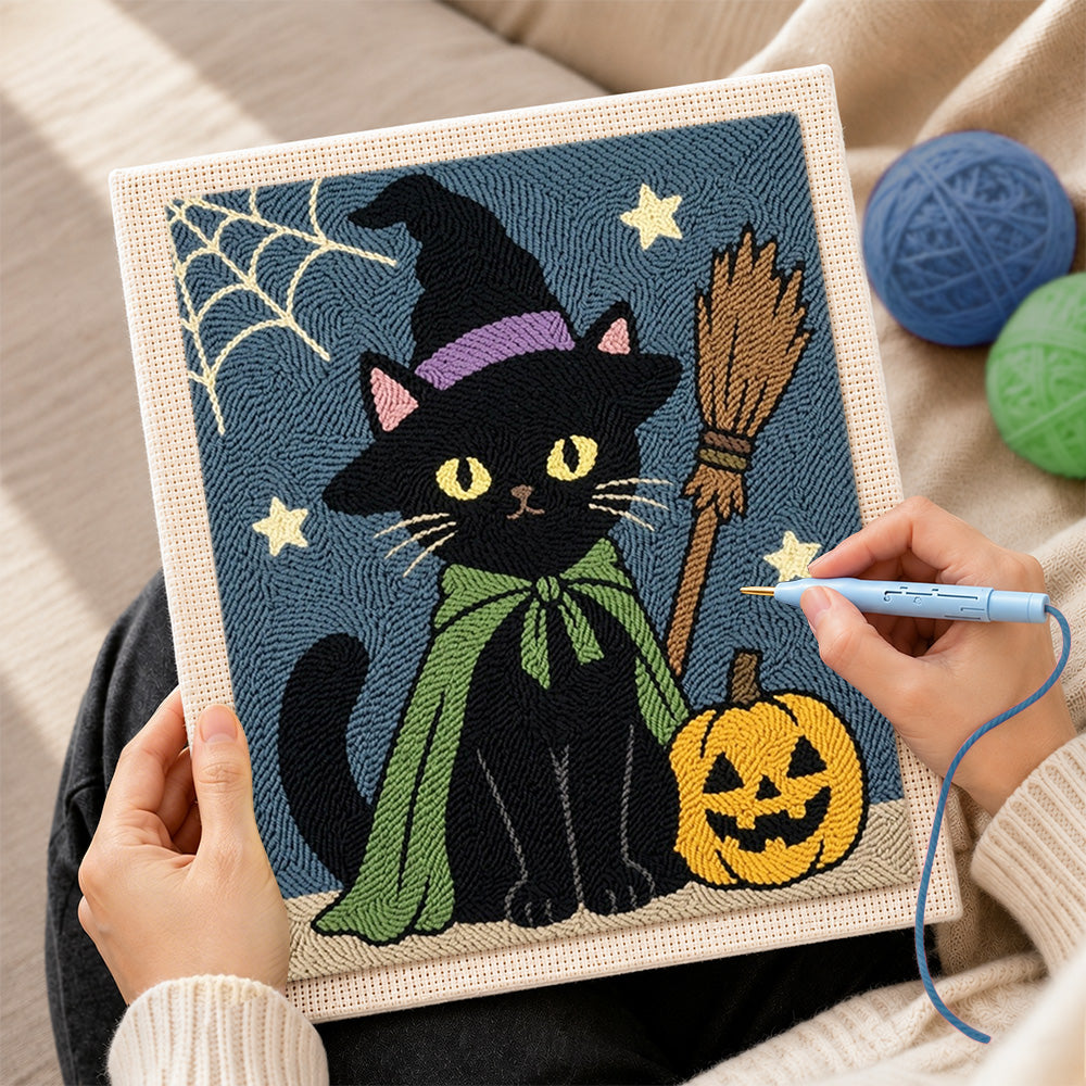 Creating handmade black cat with pumpkin punch needle artwork
