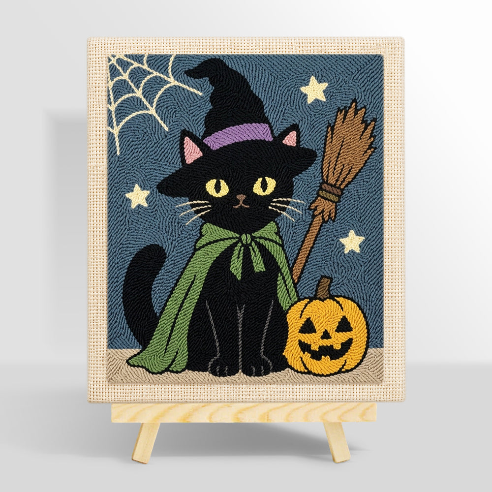 Black cat with pumpkin punch needle kit for beginners