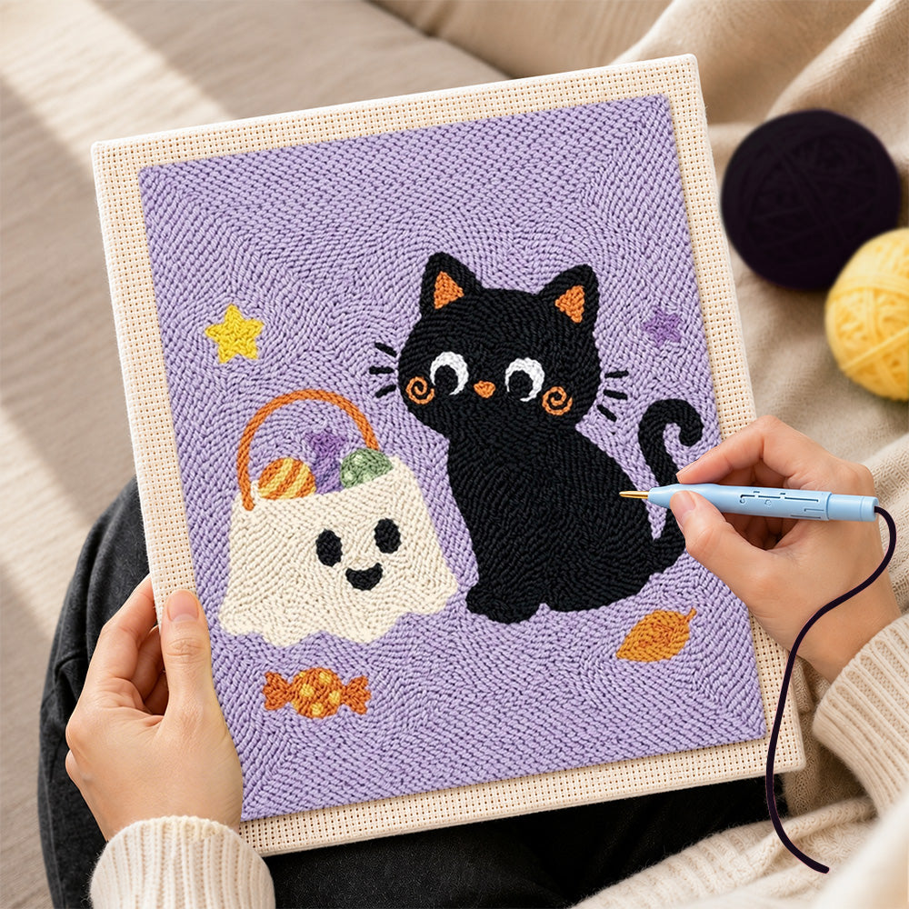 Creating handmade black cat with trick‑or‑treat bag punch needle artwork