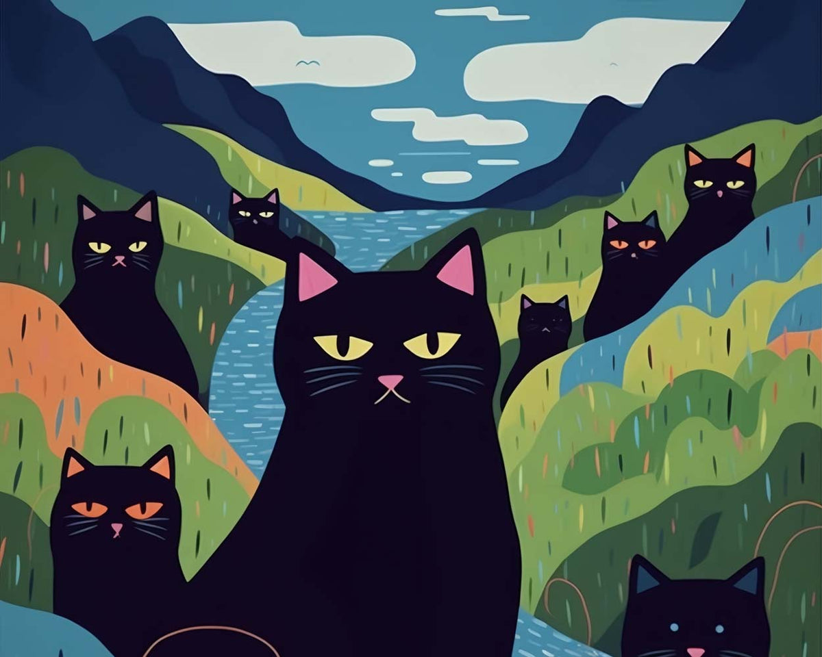 Black cats in stylized rolling hills cross stitch kit for beginners