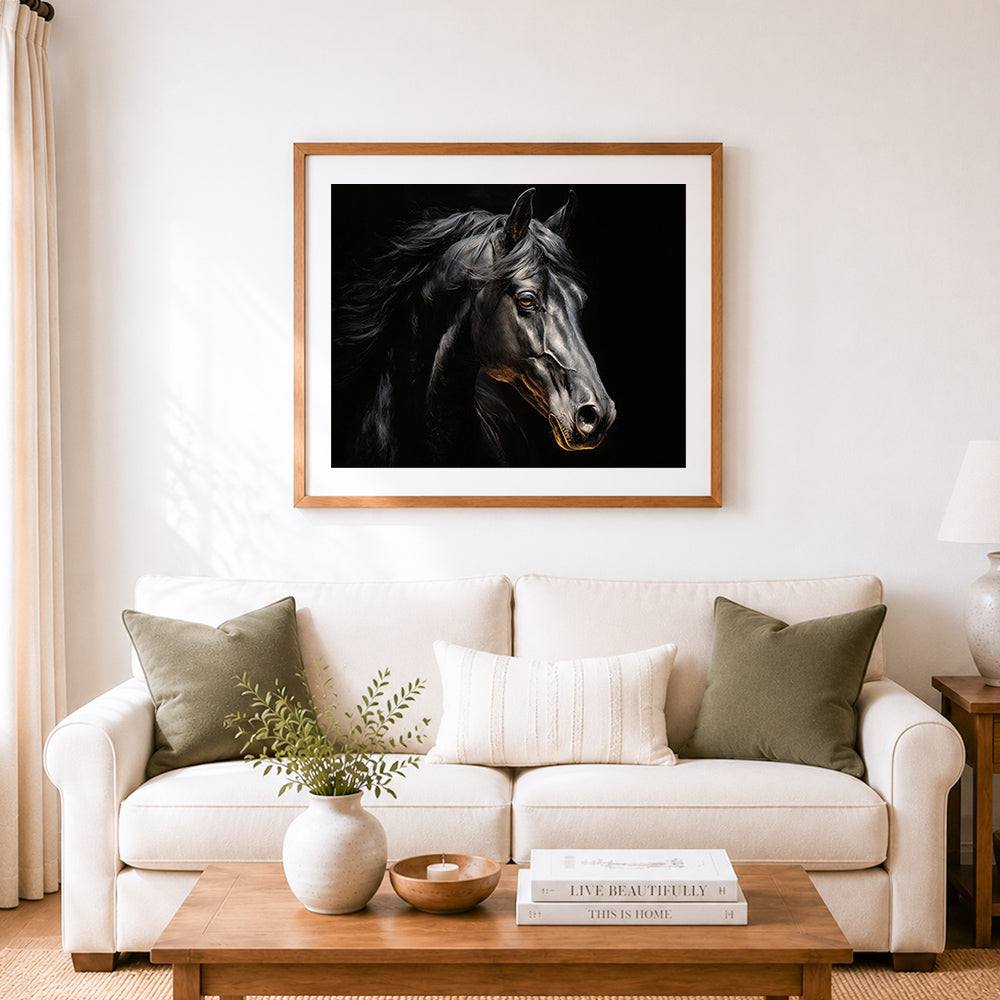 Finished black horse head with flowing mane cross stitch artwork displayed as home decor