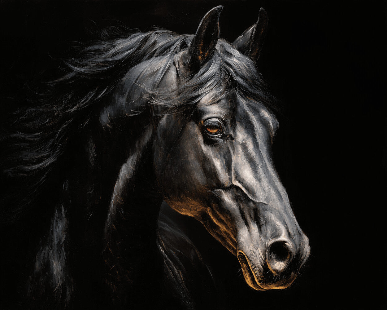 Black horse head with flowing mane cross stitch kit for beginners
