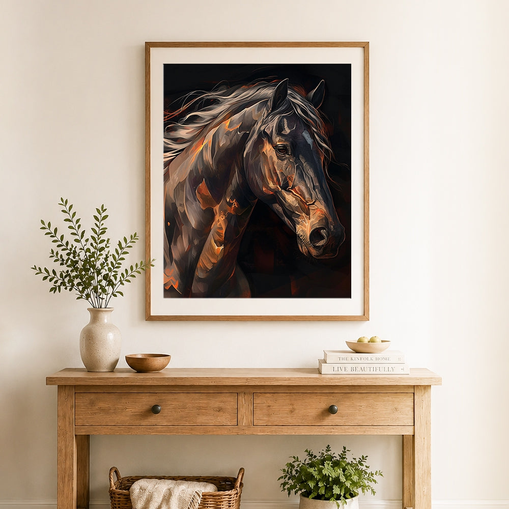 Finished black horse in the darkness cross stitch artwork displayed as home decor