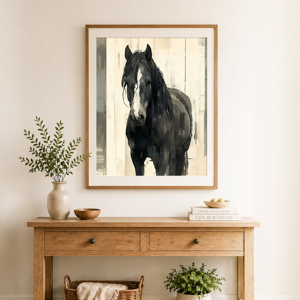 Finished black horse on rustic wood background cross stitch artwork displayed as home decor