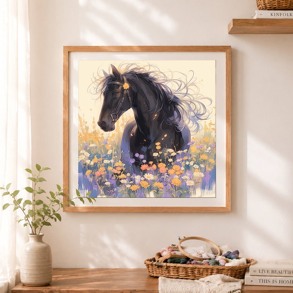 Finished black horse wildflowers cross stitch artwork displayed as home decor