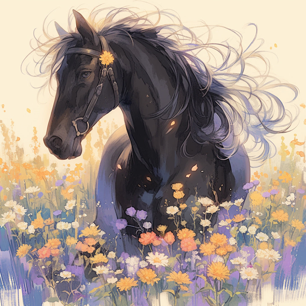 Black horse wildflowers cross stitch kit for beginners