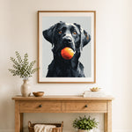Finished black lab with orange ball cross stitch artwork displayed as home decor