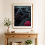 Finished black panther and red rose cross stitch artwork displayed as home decor