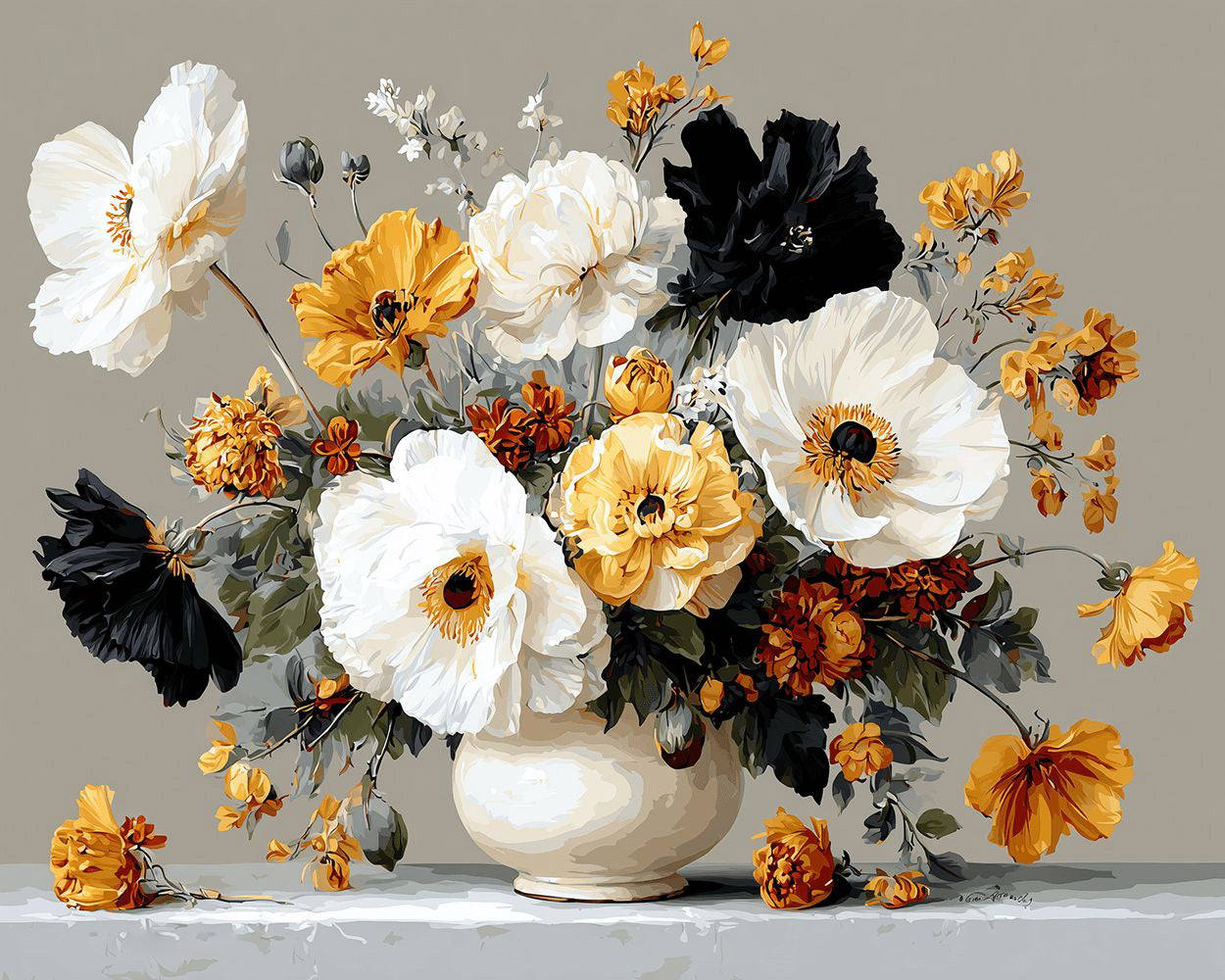 Black, white, and yellow bouquet cross stitch kit for beginners