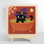 Black witch cat in cauldron punch needle kit for beginners