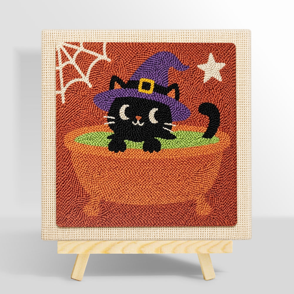 Black witch cat in cauldron punch needle kit for beginners
