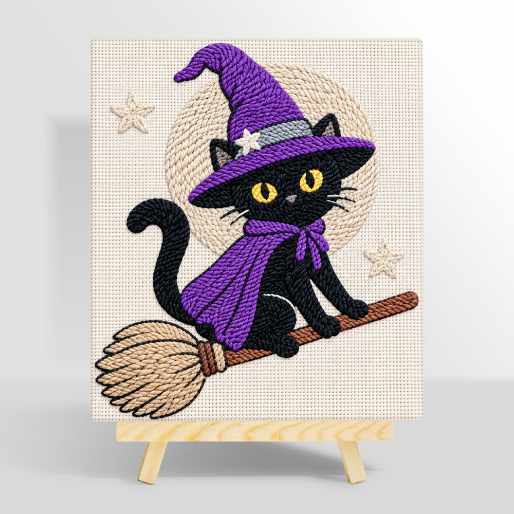 Black witch cat on broomstick punch needle kit for beginners