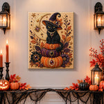 Finished black witch cat on stacked pumpkins pearl diamond painting artwork displayed as holiday home decor