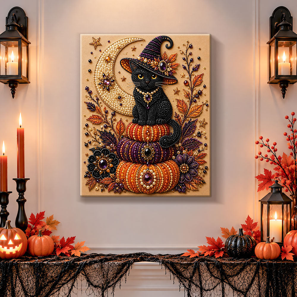 Finished black witch cat on stacked pumpkins pearl diamond painting artwork displayed as holiday home decor