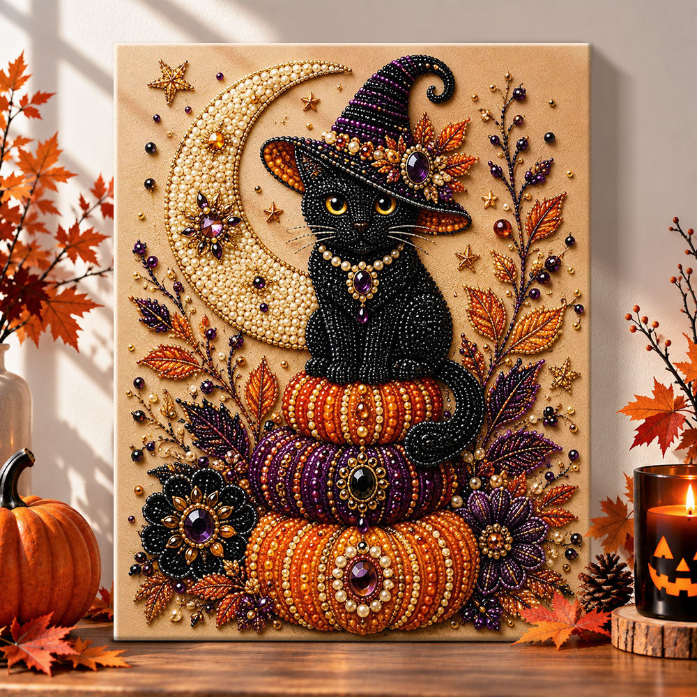 Black witch cat on stacked pumpkins pearl diamond painting kit for beginners