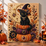 Black witch cat on stacked pumpkins pearl diamond painting kit for beginners